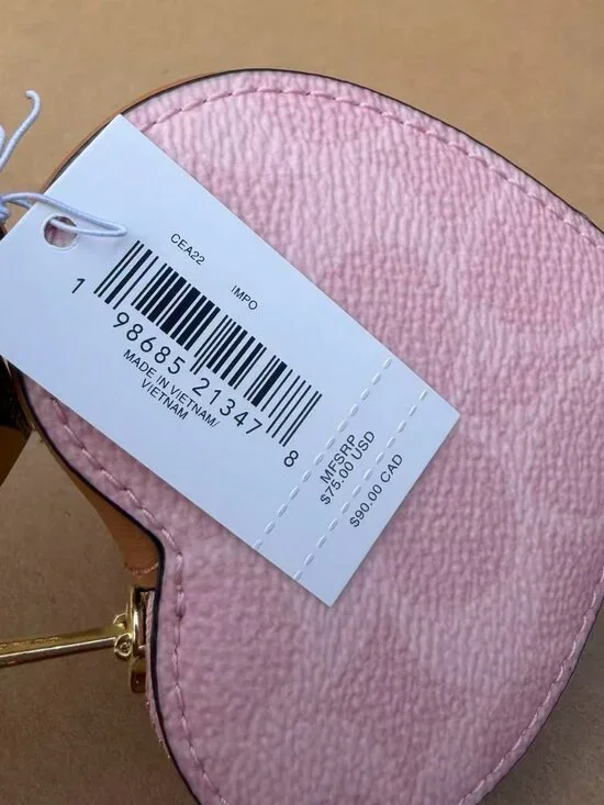 NWT Coach POWDER PINK Heart Bag Charm In Signature Canvas CEA22 Gold/Powder Pink - Picture 4 of 5